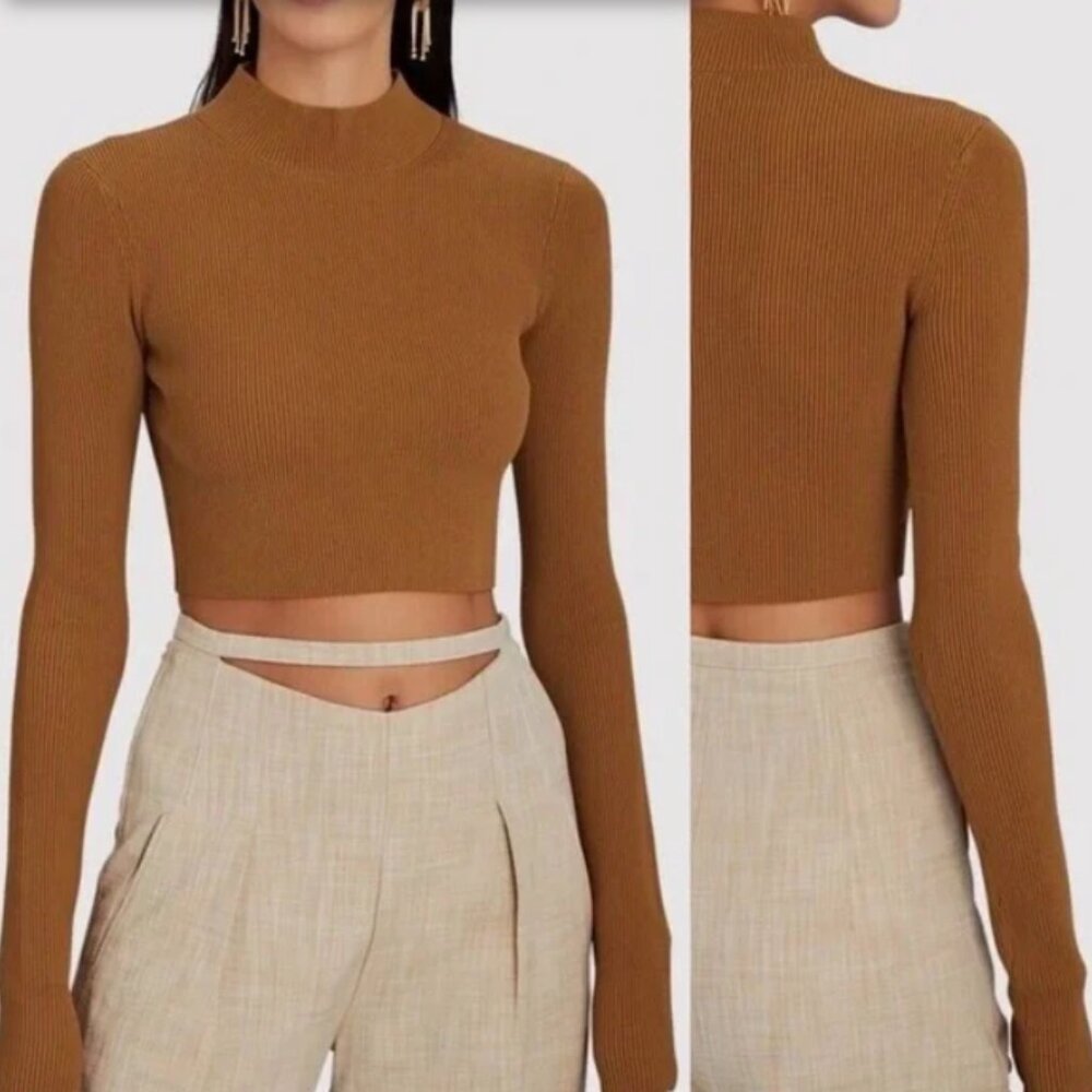 A.L.C. Stacey Cropped Rib Mockneck Sweater, Cognac, Contemporary - Womens Medium